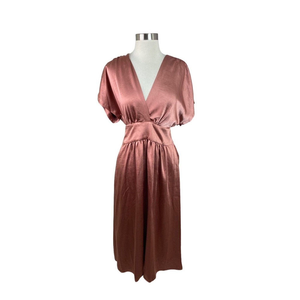 Anne Klein NEW Washed Satin Rose Anise V Neck Tie Midi Dress Size 8